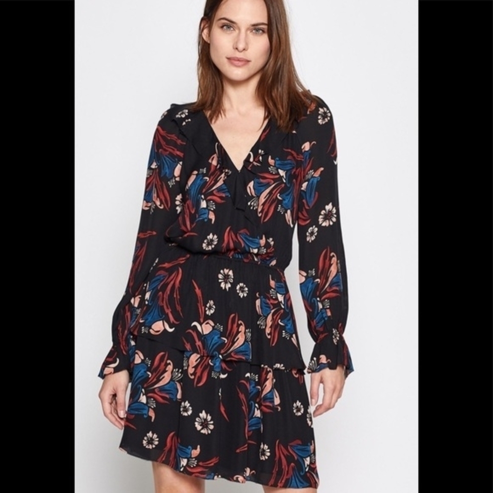 Joie Black Floral V-Neck Long Sleeve Tiered Dress
